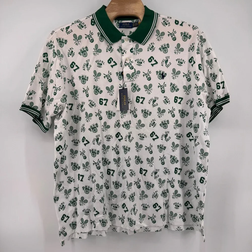 Polo Ralph Lauren Polo Shirt Men 4XB White Green All Over Tennis Print New
